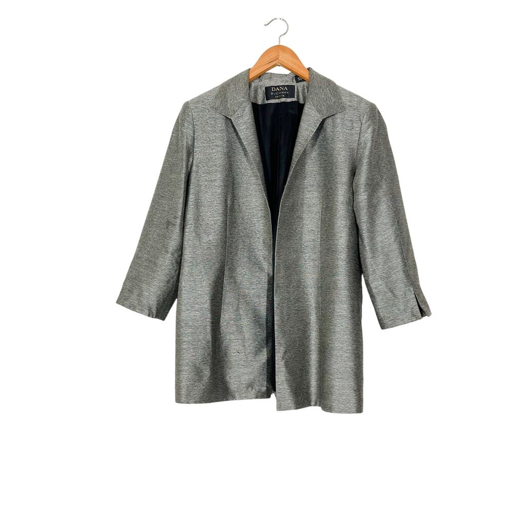 Dana Buchanan Silk Blazer Sz 12 Gray Metallic Open Front 3/4 Sleeves Career